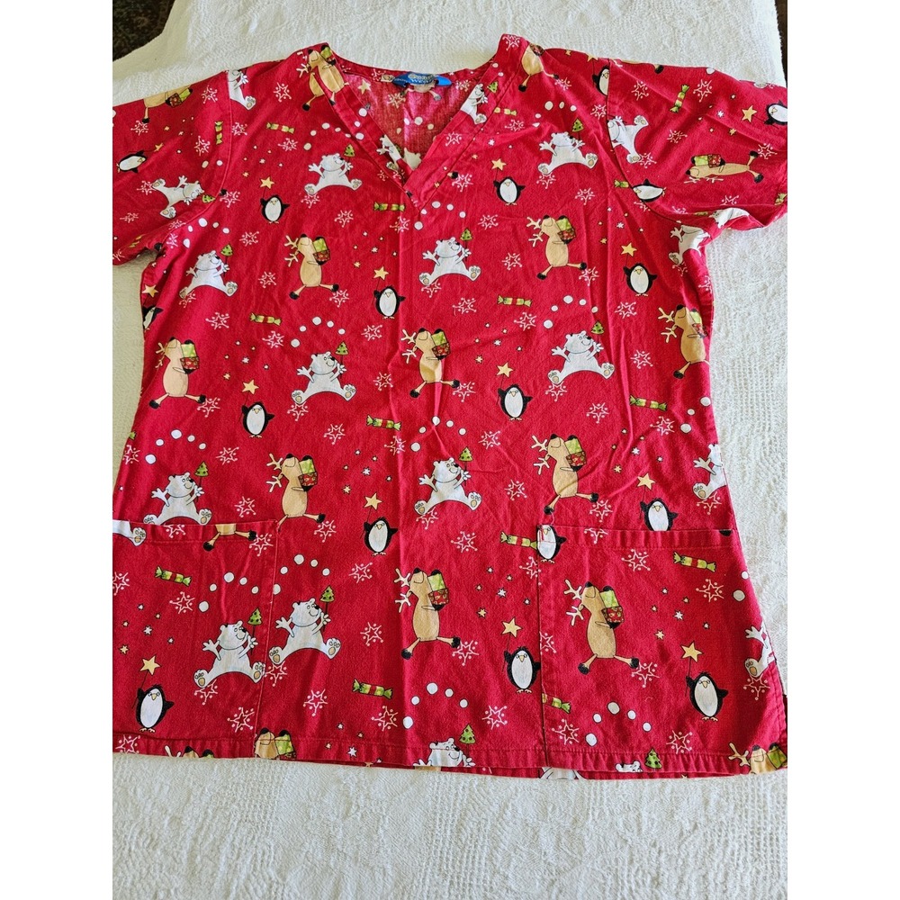 Scrub Wear Women's Scrub Top Size S Red Christmas Holiday Print Cotton